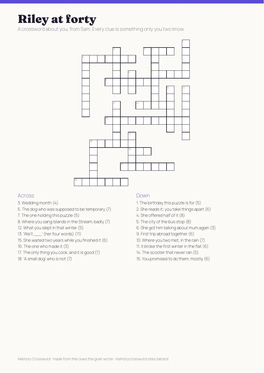 Sample crossword page: a numbered grid with the clues below