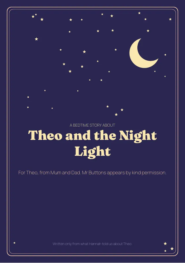 The PDF cover: dark blue, a moon and stars, the title Theo and the Night Light